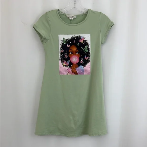Girl’s Green Dress with Girl, Gum & Butterflies Graphic Print Size 10 - Picture 1 of 4